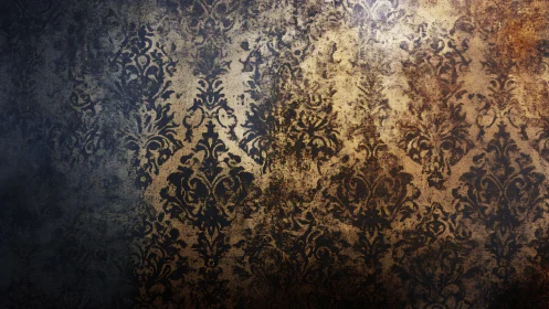 Aged baroque damask wallpaper reveals distressed patina