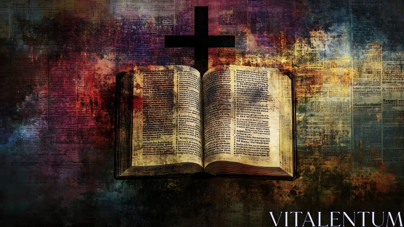 Open bible and cross are centrally positioned over textured ground