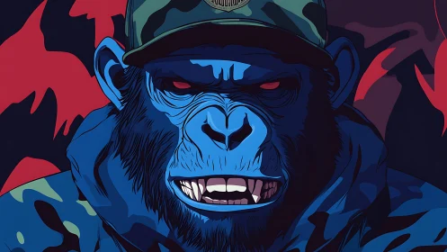 Blue camo gorilla portrait in cap with intense red eyes.