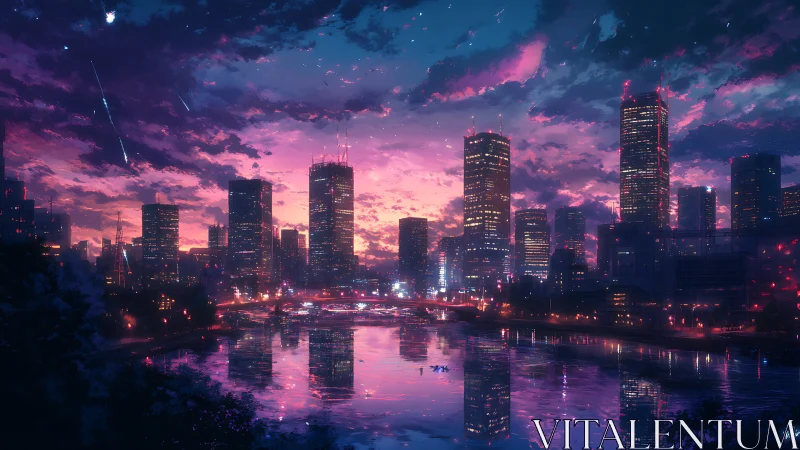 Neon city skyline over river under vivid twilight sky.