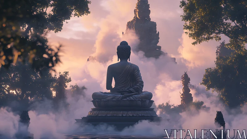 Serene Buddha statue in misty dawn forest sanctuary.
