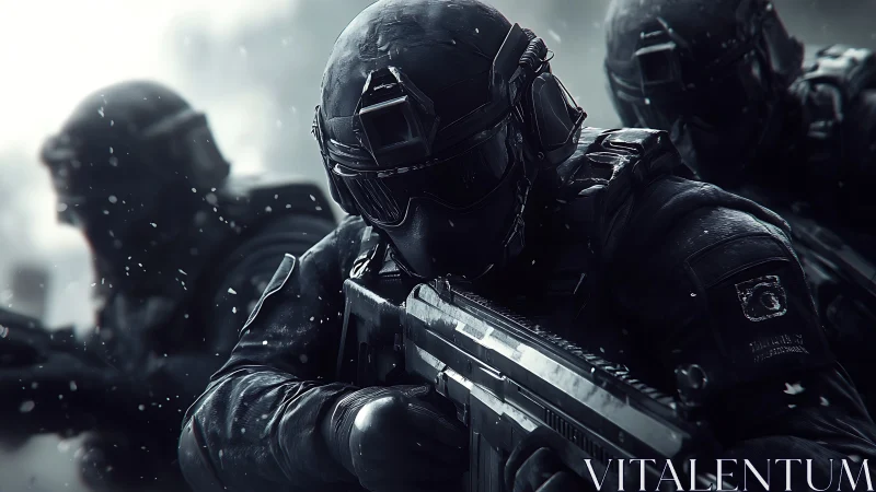 Tactical soldiers advance with rifles in snowy low light