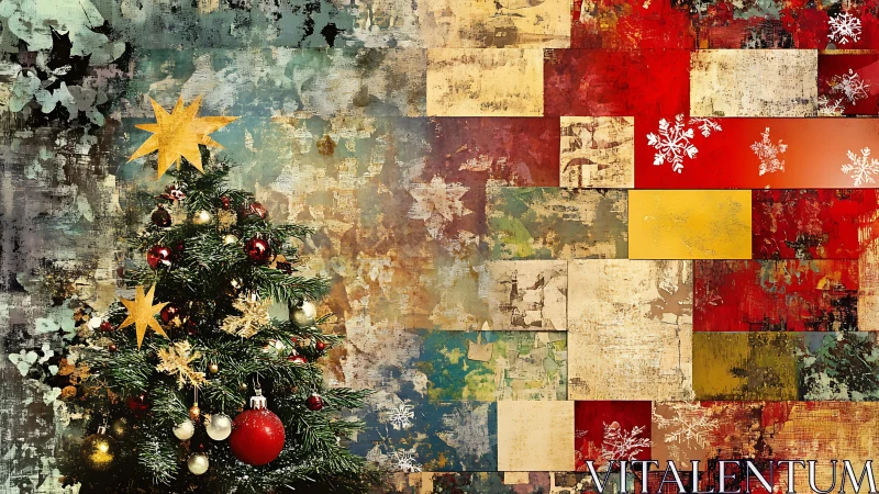 Festive Christmas tree before abstract patchwork wall.