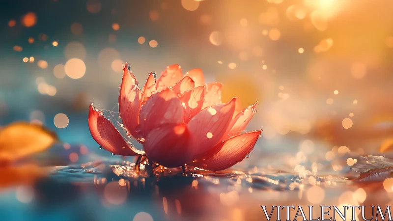 Luminous Red Lotus Bloom Illuminated by Golden Bokeh Light