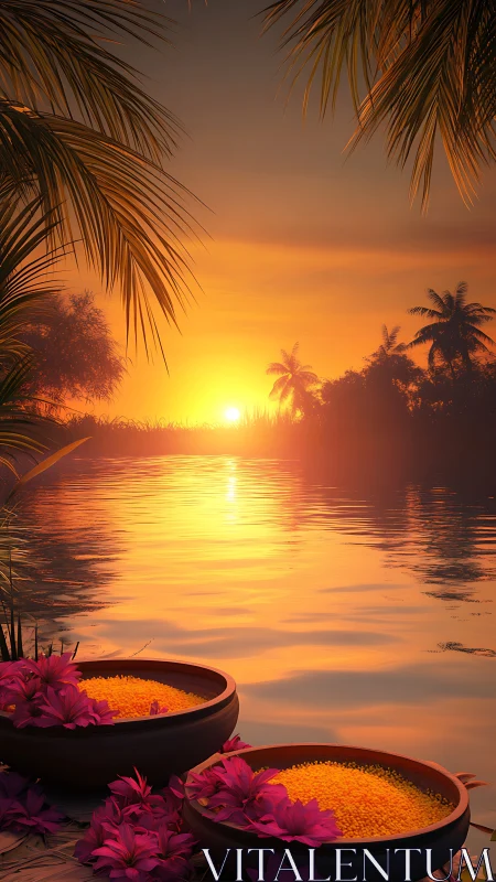 Tropical river sunset with palm silhouettes and floral bowls