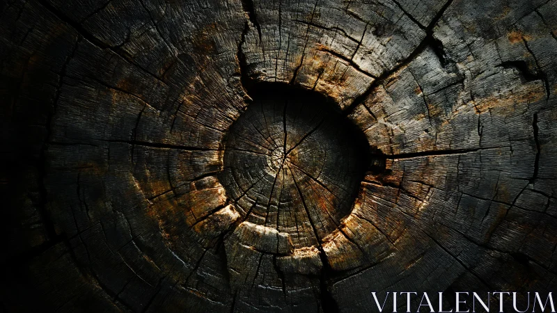 Weathered tree cross-section under dramatic side lighting.