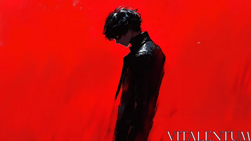 Solitary dark figure against vivid red abstract field.