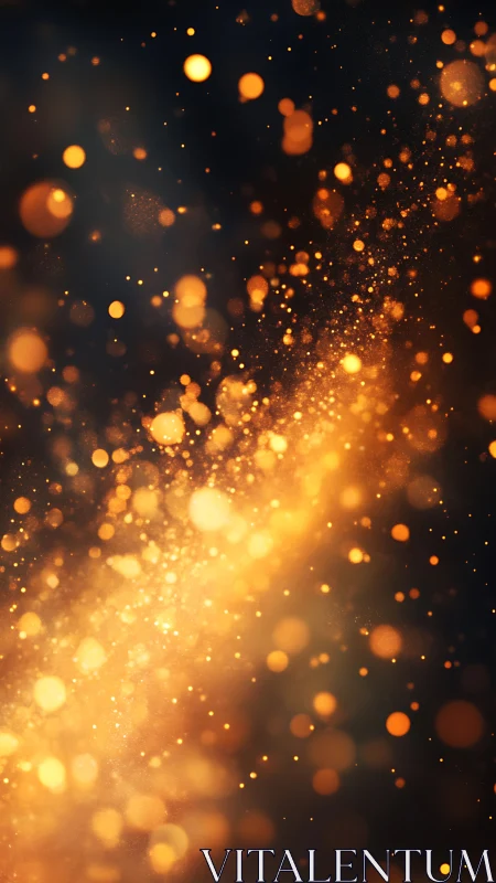 Golden bokeh particles stream through dark cosmic void