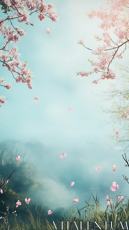 Vertical spring meadow scene with drifting cherry petals in fog
