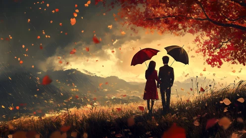Two figures with umbrellas amid autumn rainfall and falling leaves.