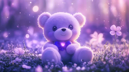 Plush teddy bear with glowing heart in pastel violet meadow