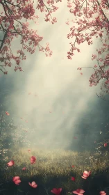 Backlit cherry blossoms frame misty meadow with drifting petals