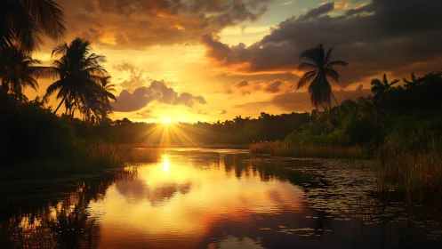 Tropical river channel at low sun with palm silhouettes.