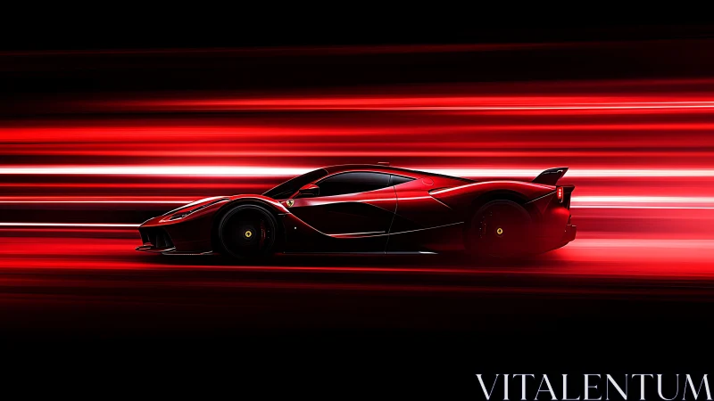 Red supercar slices through neon speed trails at night.