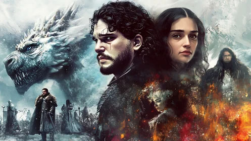 Storm-lit dragon and fierce heroes in a frozen battle tale.