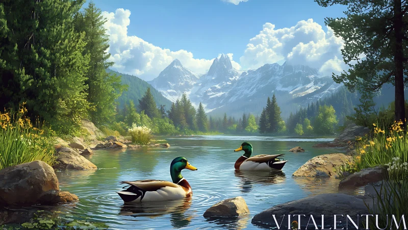 Mallard companions drifting through a storybook alpine lake.