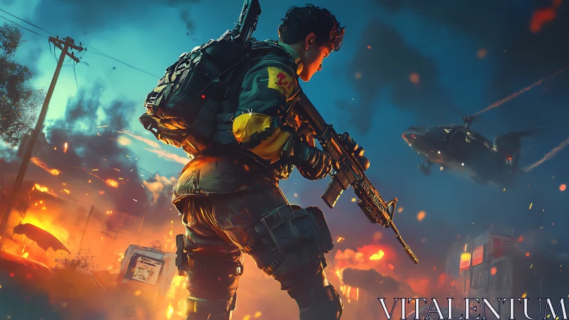 Heavily armed soldier moves through burning urban warzone.