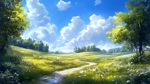 Curving dirt path through open wildflower meadow landscape.