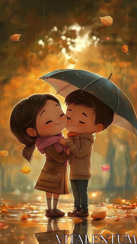 Autumn Rain Embrace: Couple Under Umbrella in Golden Light.