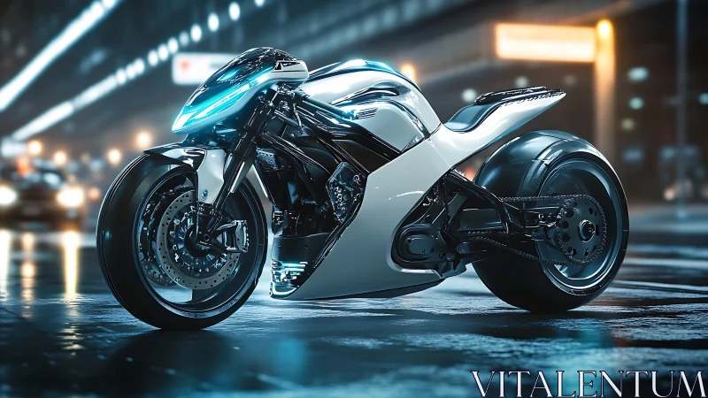 Futuristic electric sport motorcycle on wet city street.