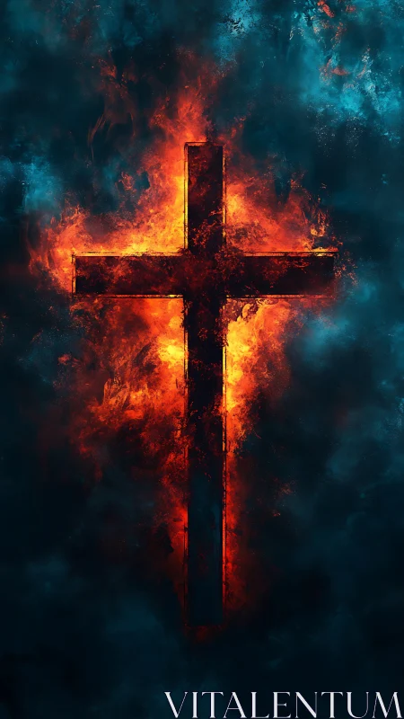 Burning cross silhouette amid dense blue smoke background.