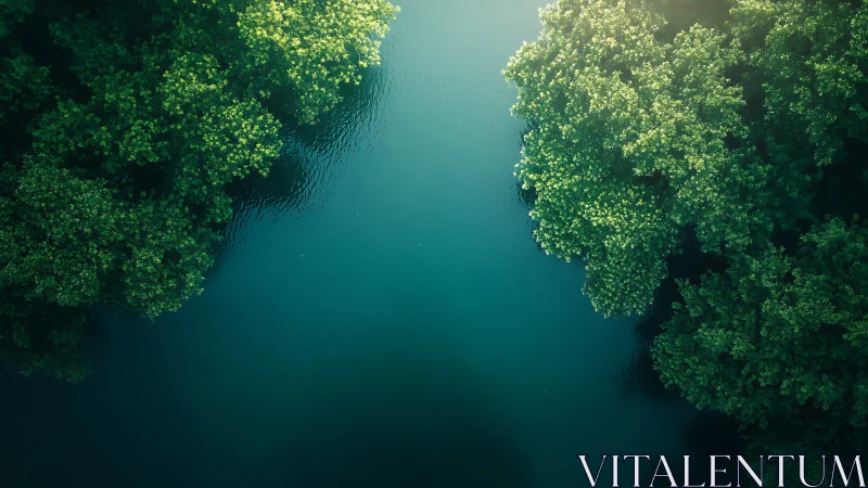 Sunlit forest banks embracing a calm emerald river bend.