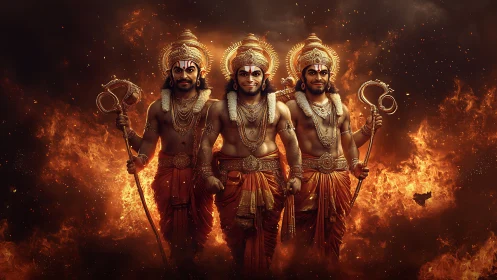 Fiery warrior trio stands united in glowing golden armor