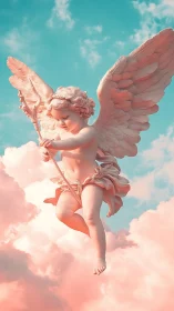 Baroque-style cherub statue floats against pastel cumulus sky