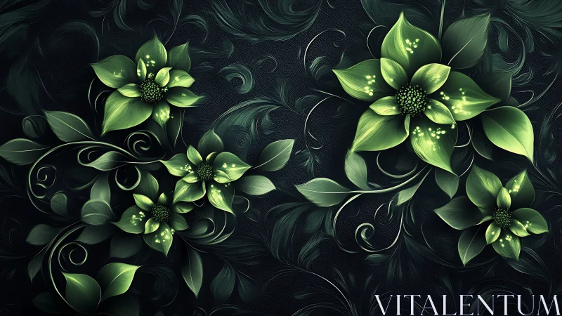Digital rendering depicts stylized green flowers on dark field