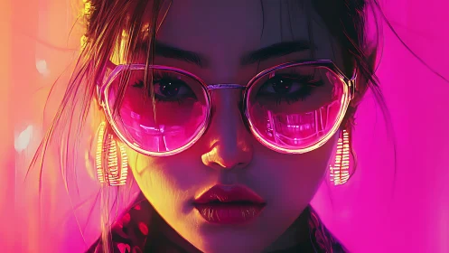 Neon reflections ignite a cyber glam portrait in pink light.