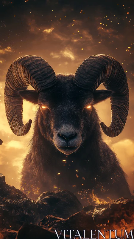 Ram with glowing eyes emerging from fiery rocky ground.