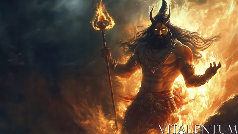 Fire-crowned demon lord rises from infernal flames in wrath.