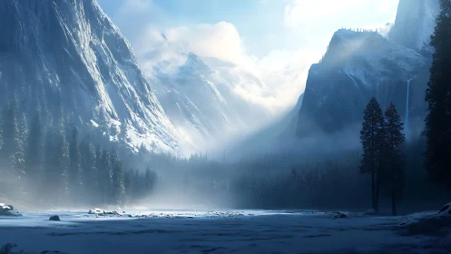 Snow-covered valley lies between steep granite mountain walls