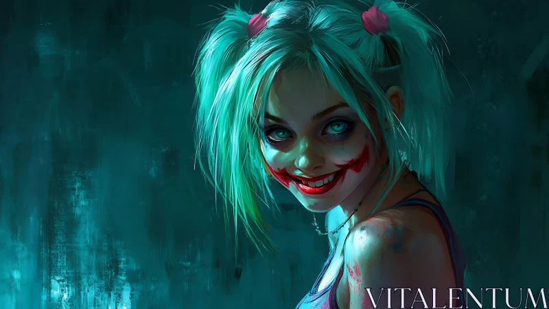 Smirking neon-haired trickster in eerie teal corridor.