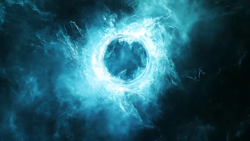 Luminous energy vortex rendered as ethereal cosmic aperture