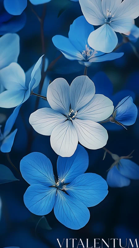 Delicate blue petals in ethereal botanical composition.