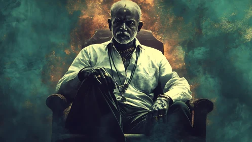 Older man sits on armchair in stylized cinematic lighting