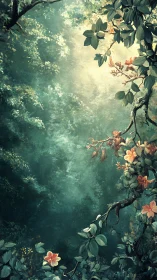 Sunlit forest canopy frames blooming flowers in mist