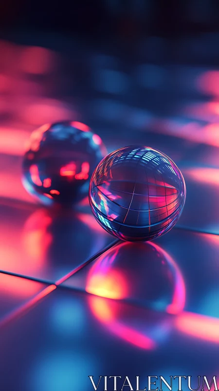 Luminous glass spheres glow on neon tiles in soft focus