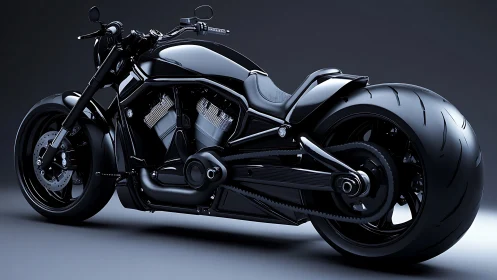 Stealth black custom motorcycle glows under studio lights.