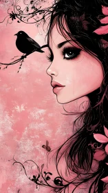 Vector noir profile with corvid silhouette and floral tracery.