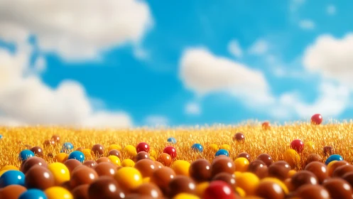 Colorful spheres scattered across golden wheat field under blue sky