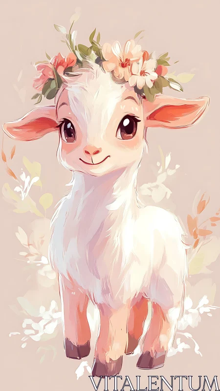 Gentle flower-crowned baby goat glowing in soft pastels.