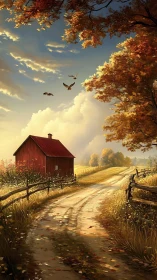 Autumn country road with red barn and birds in flight.