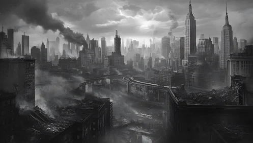 Monochrome post-war megacity ruins with elevated freeway collapse