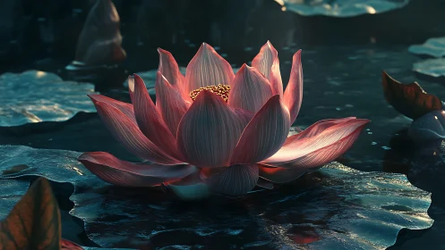 Pink lotus flower rendered on water surface at dusk.