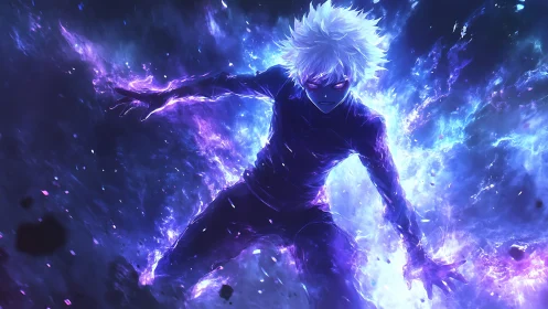 Energetic white haired figure in blue and violet aura field.