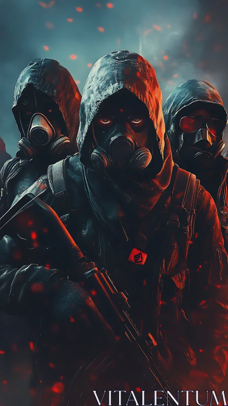 Paramilitary gasmask squad in ember-streaked toxic haze.