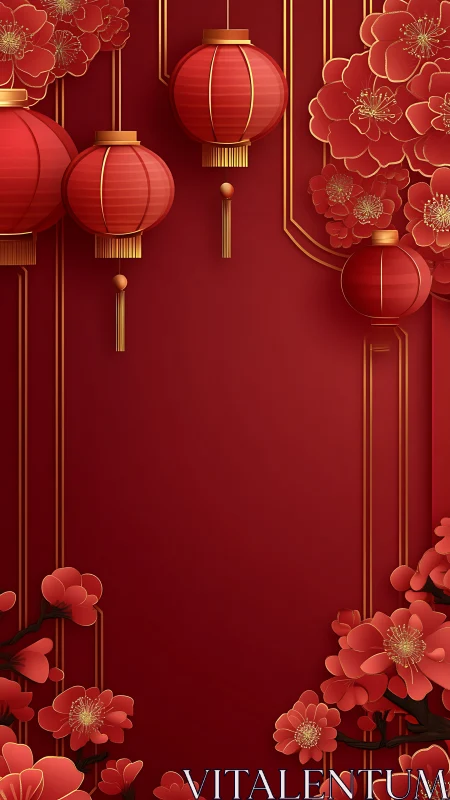 Red lanterns and floral elements on vertical red panel background.