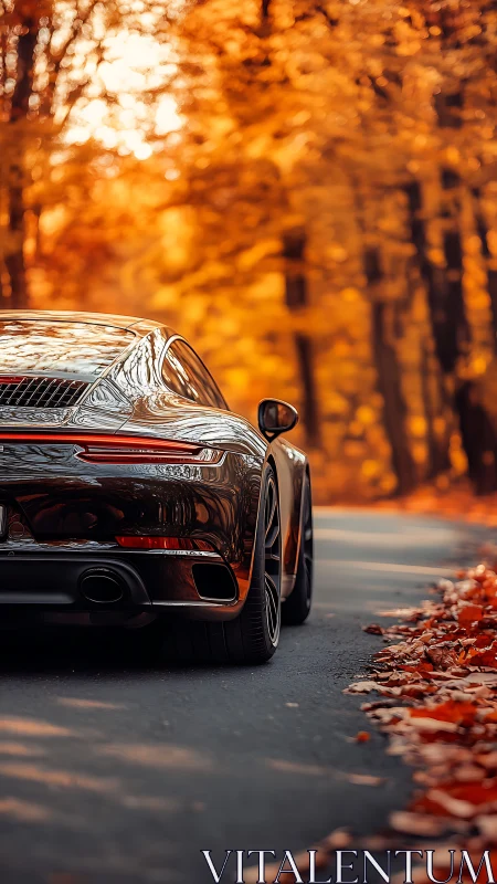 Rear-engine sports coupe profiling through autumn forest bend.